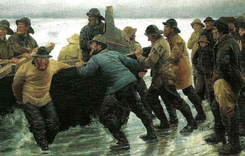 Michael Ancher fiskere i faerd med at saette en rorsbad i vandet china oil painting image